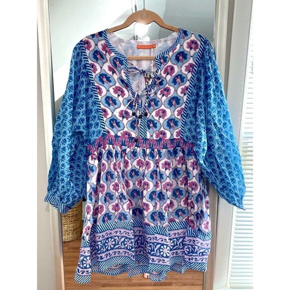 OLIPHANT Tie Front Balloon Sleeve Short Blue Cotton Block Print Dress Tuckernuck - Picture 14 of 16